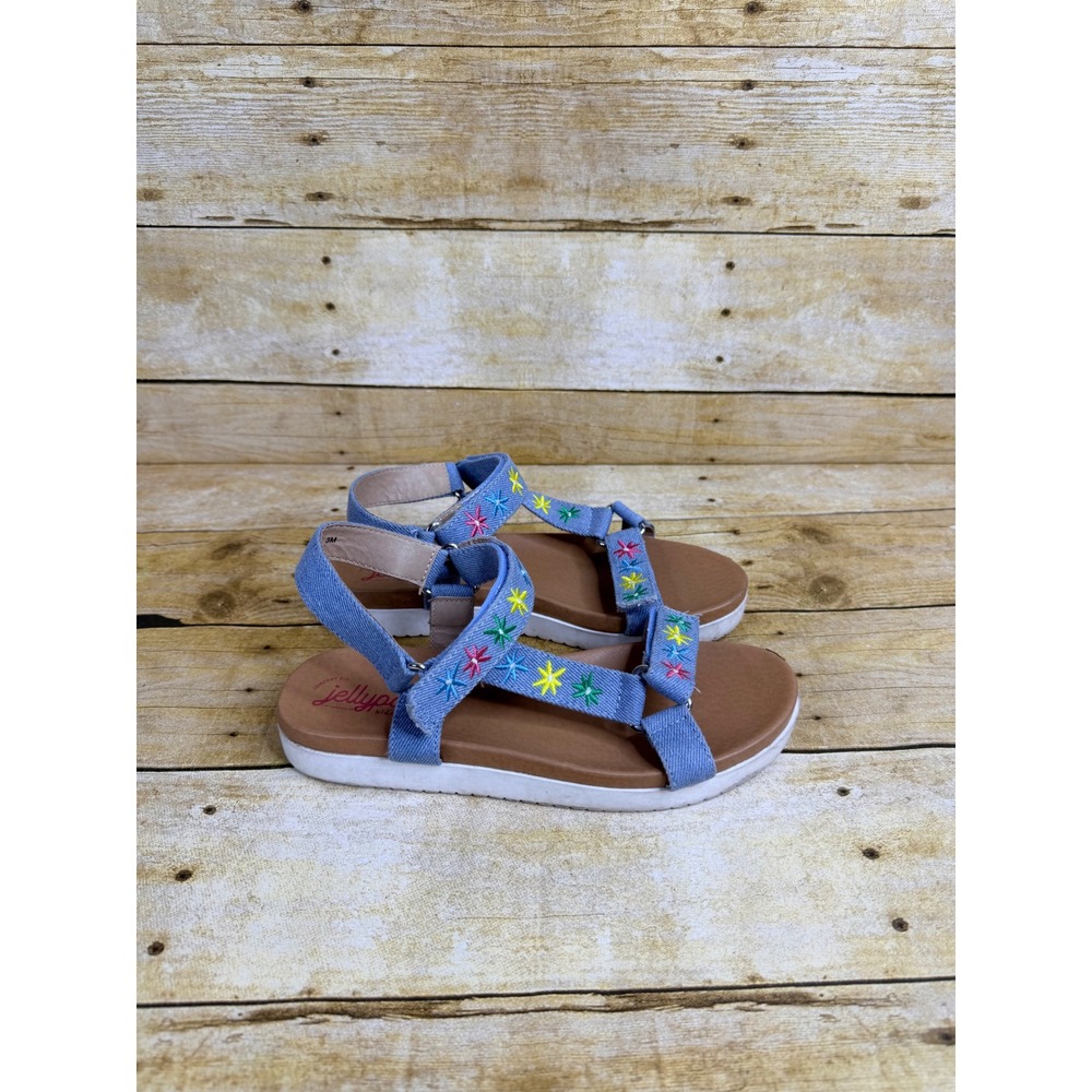 Jellypop Kids Blue Denim Embroidered Floral Strappy Sandals‎ Size 3M Hook Loop